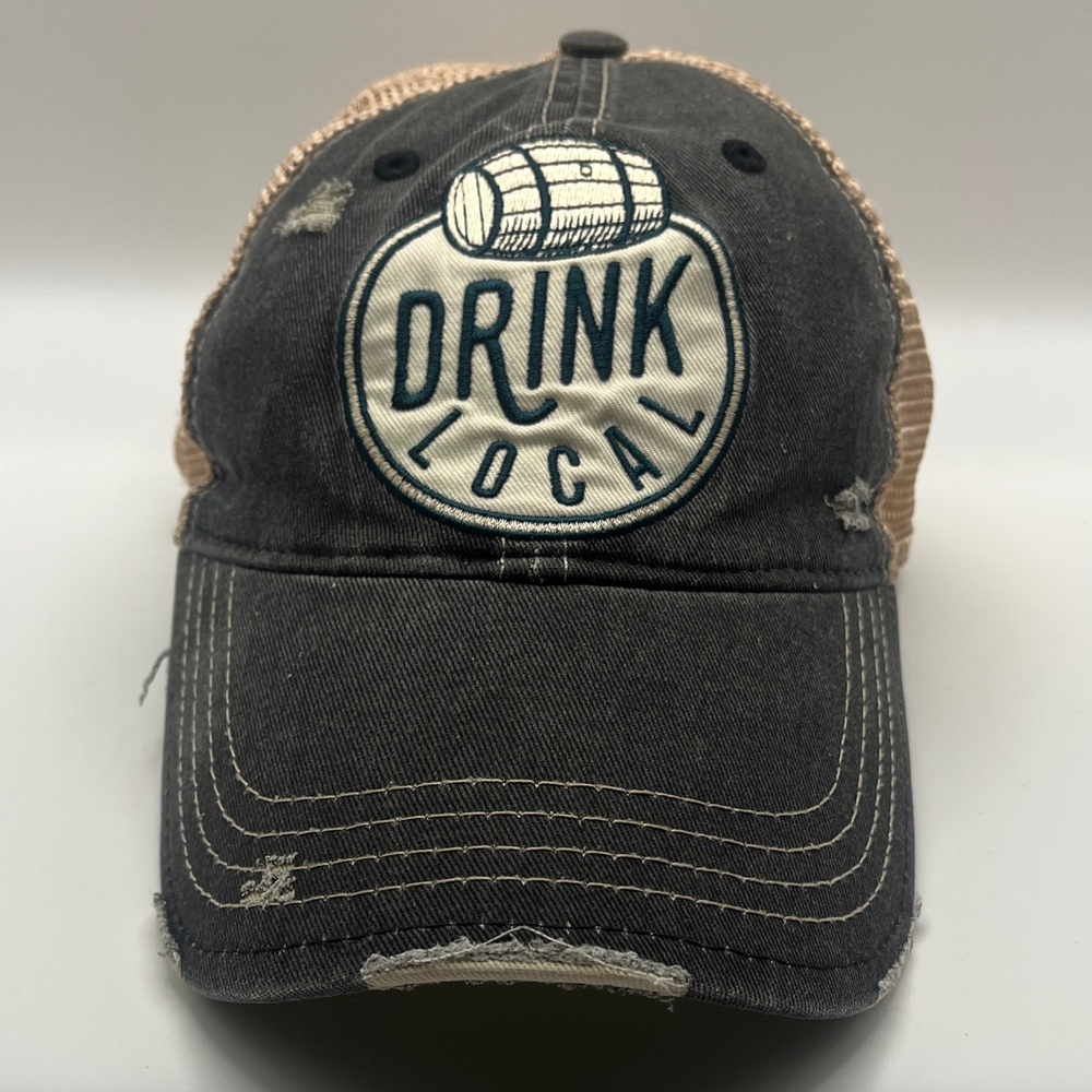 Mason Jar Label Drink Local Distressed Trucker Hat - Black and Tan